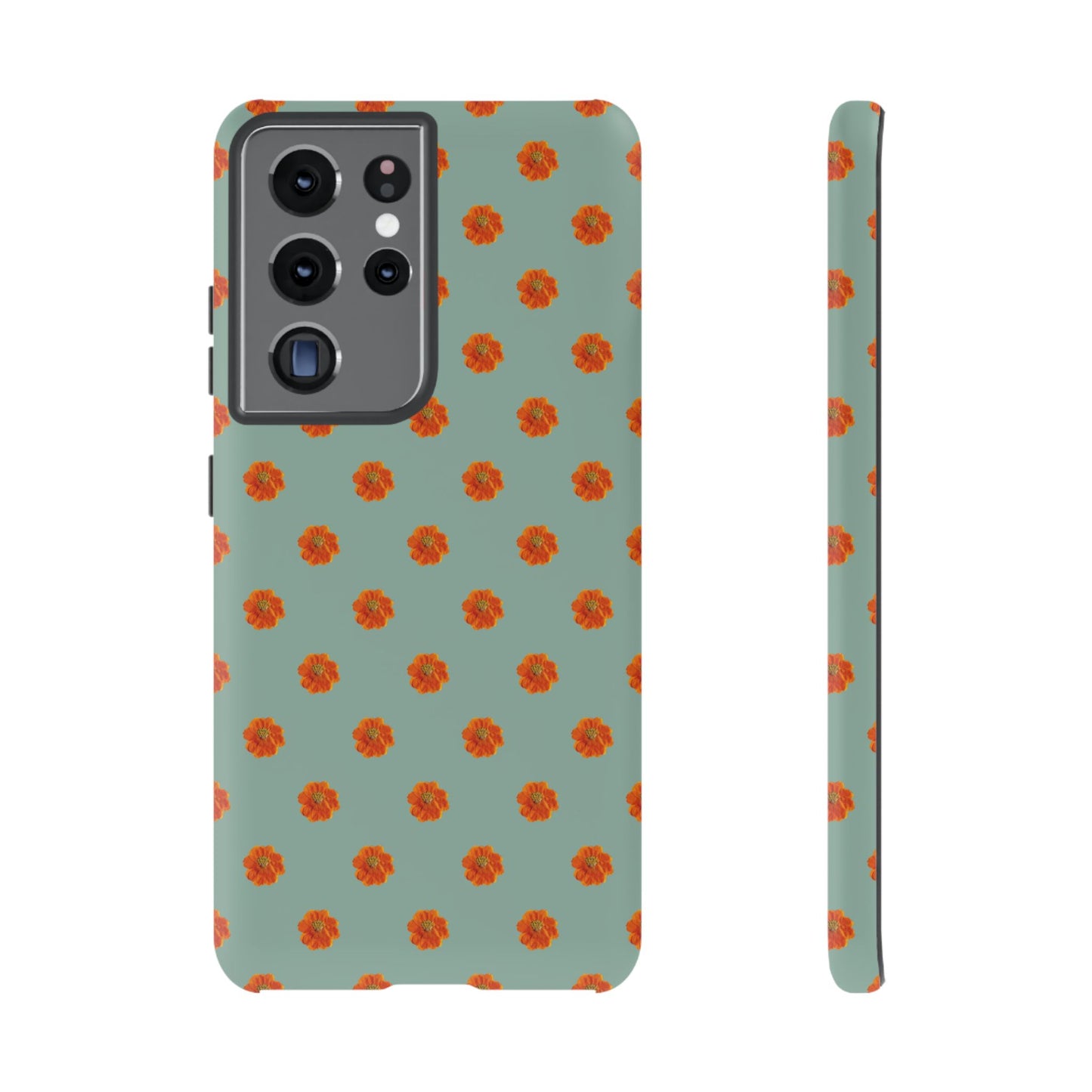 Coque Téléphone Samsung, iPhone & Google Pixel Renforcée Mate – Design Floral Epuré Fleurs de Cosmos Orange sur Fond Vert Eucalyptus | Protection Antichoc | Idée Cadeau Femme
