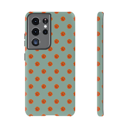 Coque Téléphone Samsung, iPhone & Google Pixel Renforcée Mate – Design Floral Epuré Fleurs de Cosmos Orange sur Fond Vert Eucalyptus | Protection Antichoc | Idée Cadeau Femme