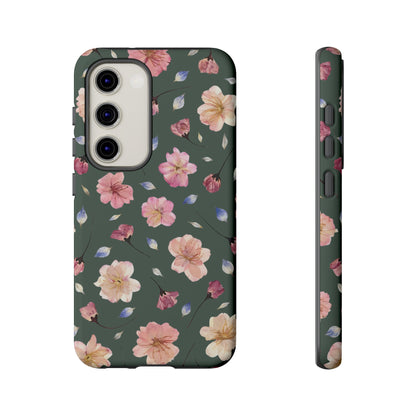 Coque Téléphone Samsung, iPhone & Google Pixel Renforcée Mate – Design Floral Fleurs de Cerisier sur Fond Verte Minéral | Protection Antichoc | Idée Cadeau Femme
