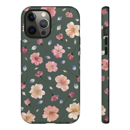 Coque Téléphone Samsung, iPhone & Google Pixel Renforcée Mate – Design Floral Fleurs de Cerisier sur Fond Verte Minéral | Protection Antichoc | Idée Cadeau Femme