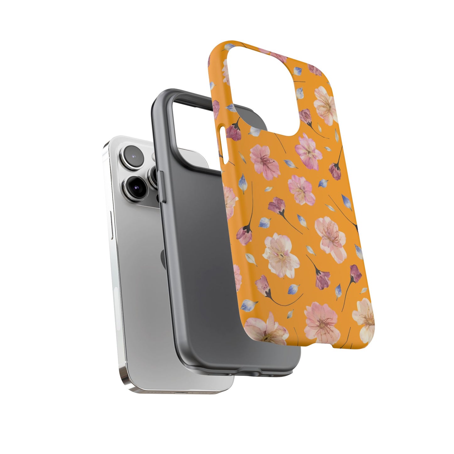 Coque Téléphone Samsung, iPhone & Google Pixel Renforcée Mate – Design Floral Fleurs de Cerisier sur Fond Couleur Curcuma| Protection Antichoc | Idée Cadeau Femme