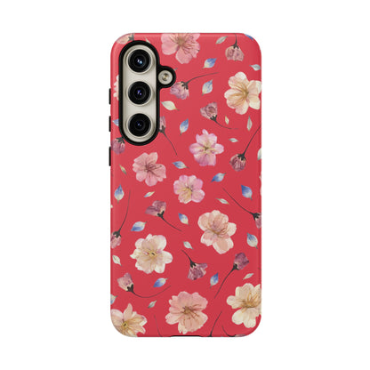Coque Téléphone Samsung, iPhone & Google Pixel Renforcée Mate – Design Floral Fleurs de Cerisier sur Fond Rouge Féminin | Protection Antichoc | Idée Cadeau Femme