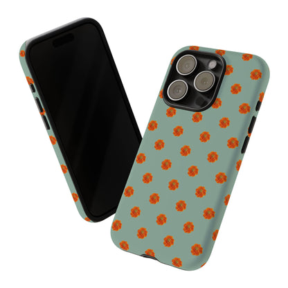 Coque Téléphone Samsung, iPhone & Google Pixel Renforcée Mate – Design Floral Epuré Fleurs de Cosmos Orange sur Fond Vert Eucalyptus | Protection Antichoc | Idée Cadeau Femme