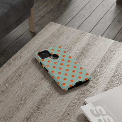 Coque Téléphone Samsung, iPhone & Google Pixel Renforcée Mate – Design Floral Epuré Fleurs de Cosmos Orange sur Fond Vert Eucalyptus | Protection Antichoc | Idée Cadeau Femme