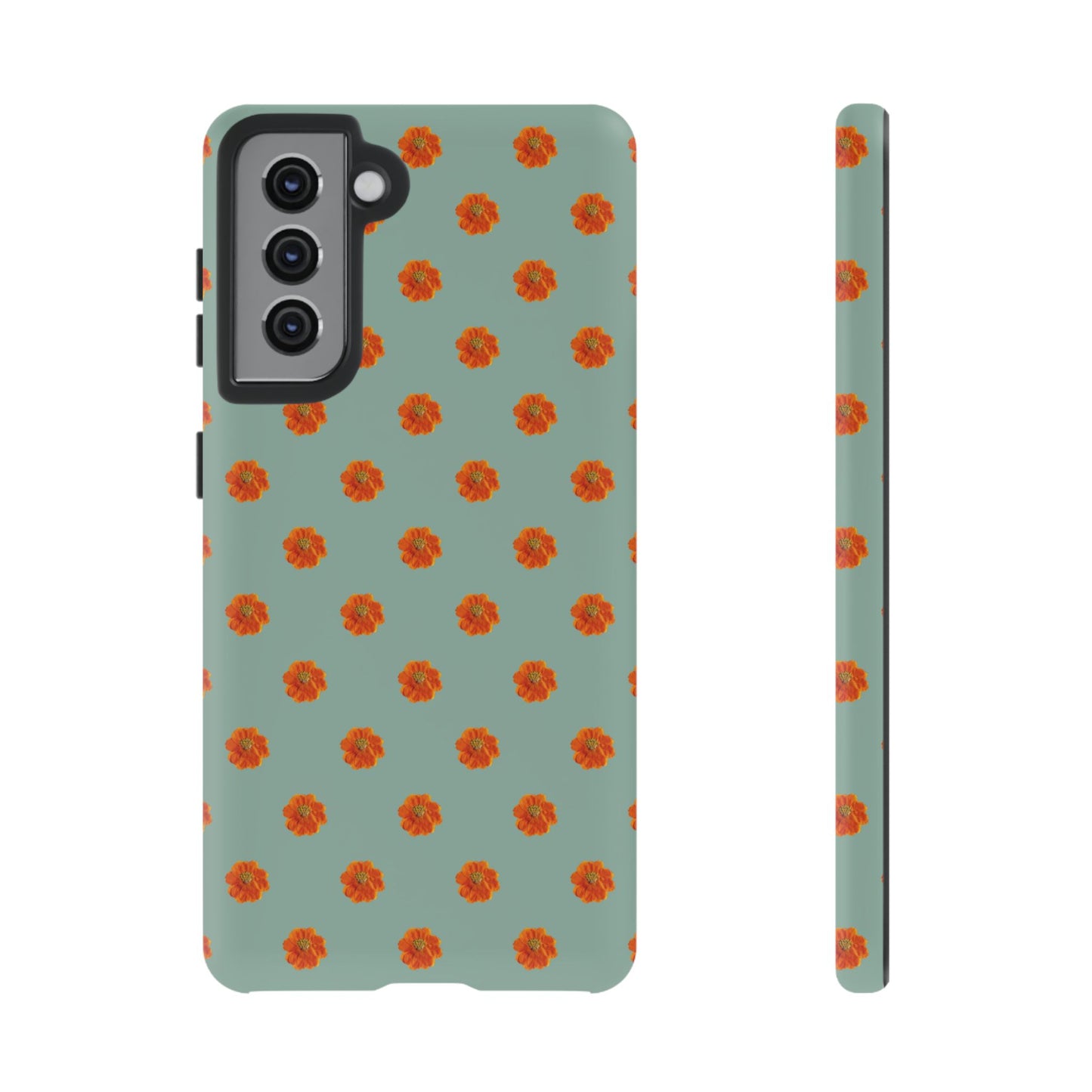 Coque Téléphone Samsung, iPhone & Google Pixel Renforcée Mate – Design Floral Epuré Fleurs de Cosmos Orange sur Fond Vert Eucalyptus | Protection Antichoc | Idée Cadeau Femme