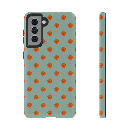 Coque Téléphone Samsung, iPhone & Google Pixel Renforcée Mate – Design Floral Epuré Fleurs de Cosmos Orange sur Fond Vert Eucalyptus | Protection Antichoc | Idée Cadeau Femme
