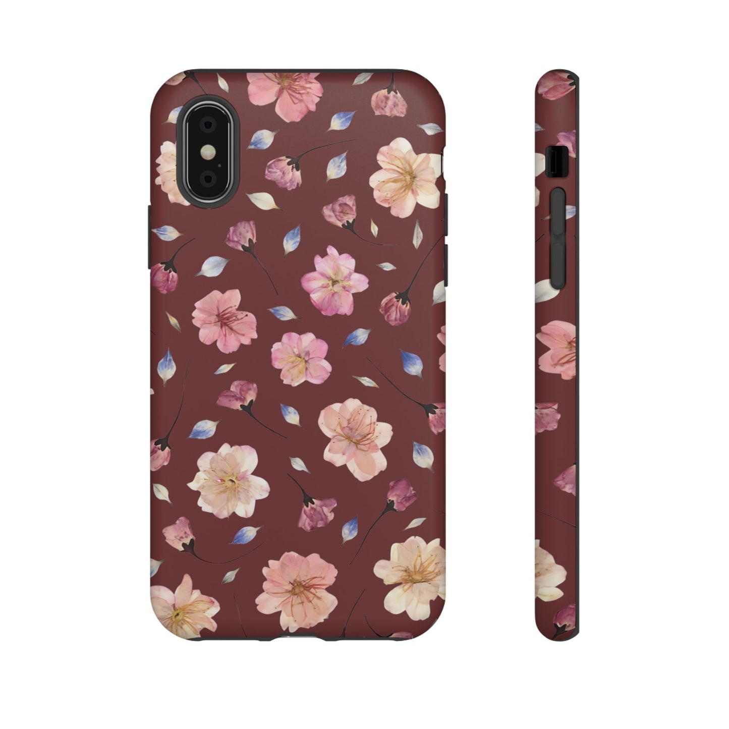 Coque Téléphone Samsung, iPhone & Google Pixel Renforcée Mate – Design Floral Fleurs de Cerisier sur Fond Bordeaux | Protection Antichoc | Idée Cadeau Pour Elle