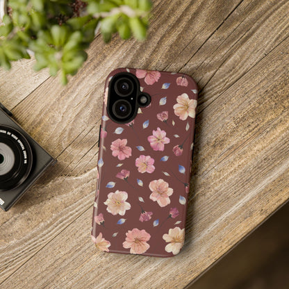 Coque Téléphone Samsung, iPhone & Google Pixel Renforcée Mate – Design Floral Fleurs de Cerisier sur Fond Bordeaux | Protection Antichoc | Idée Cadeau Pour Elle