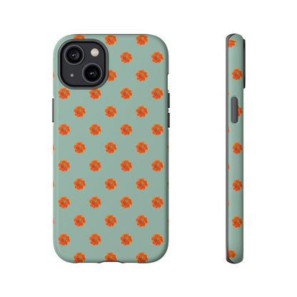 Coque Téléphone Samsung, iPhone & Google Pixel Renforcée Mate – Design Floral Epuré Fleurs de Cosmos Orange sur Fond Vert Eucalyptus | Protection Antichoc | Idée Cadeau Femme