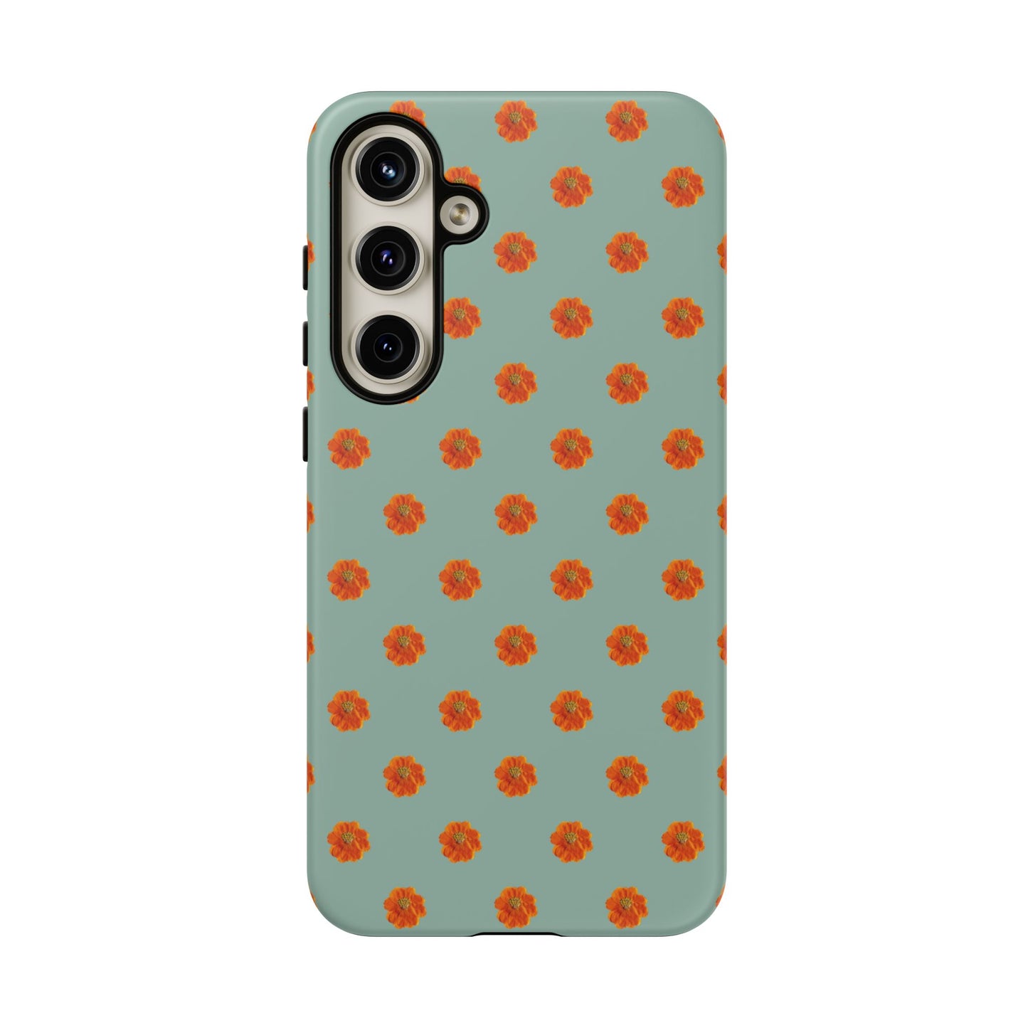 Coque Téléphone Samsung, iPhone & Google Pixel Renforcée Mate – Design Floral Epuré Fleurs de Cosmos Orange sur Fond Vert Eucalyptus | Protection Antichoc | Idée Cadeau Femme