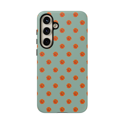 Coque Téléphone Samsung, iPhone & Google Pixel Renforcée Mate – Design Floral Epuré Fleurs de Cosmos Orange sur Fond Vert Eucalyptus | Protection Antichoc | Idée Cadeau Femme