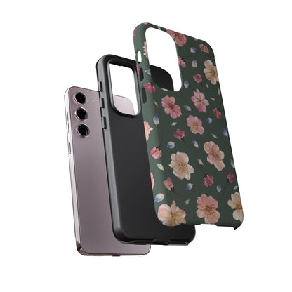 Coque Téléphone Samsung, iPhone & Google Pixel Renforcée Mate – Design Floral Fleurs de Cerisier sur Fond Verte Minéral | Protection Antichoc | Idée Cadeau Femme