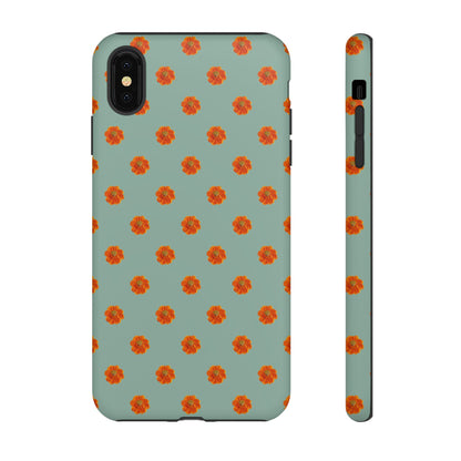 Coque Téléphone Samsung, iPhone & Google Pixel Renforcée Mate – Design Floral Epuré Fleurs de Cosmos Orange sur Fond Vert Eucalyptus | Protection Antichoc | Idée Cadeau Femme