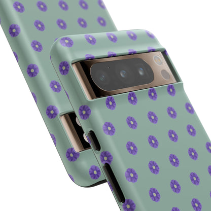 Coque Téléphone Samsung, iPhone & Google Pixel Renforcée Mate – Design Floral Epuré Fleurs de Primevère sur Fond Vert Eucalyptus | Protection Antichoc | Idée Cadeau Anniverssaire