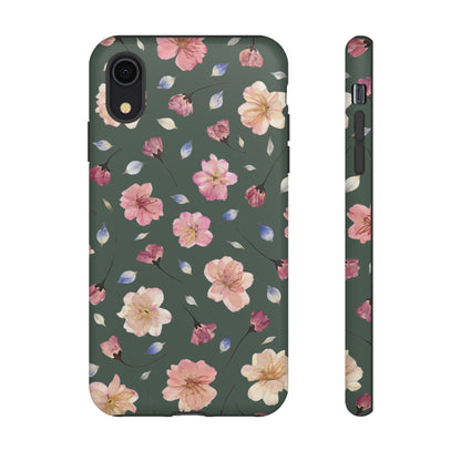 Coque Téléphone Samsung, iPhone & Google Pixel Renforcée Mate – Design Floral Fleurs de Cerisier sur Fond Verte Minéral | Protection Antichoc | Idée Cadeau Femme