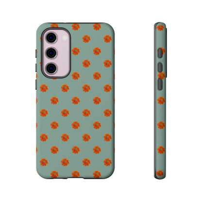 Coque Téléphone Samsung, iPhone & Google Pixel Renforcée Mate – Design Floral Epuré Fleurs de Cosmos Orange sur Fond Vert Eucalyptus | Protection Antichoc | Idée Cadeau Femme