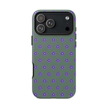 Coque Téléphone Samsung, iPhone & Google Pixel Renforcée Mate – Design Floral Epuré Fleurs de Primevère sur Fond Vert Minéral | Protection Antichoc | Idée Cadeau Femme