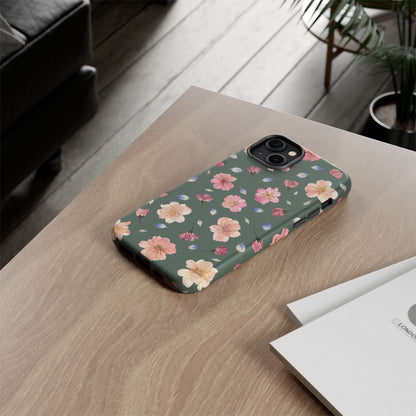 Coque Téléphone Samsung, iPhone & Google Pixel Renforcée Mate – Design Floral Fleurs de Cerisier sur Fond Verte Minéral | Protection Antichoc | Idée Cadeau Femme