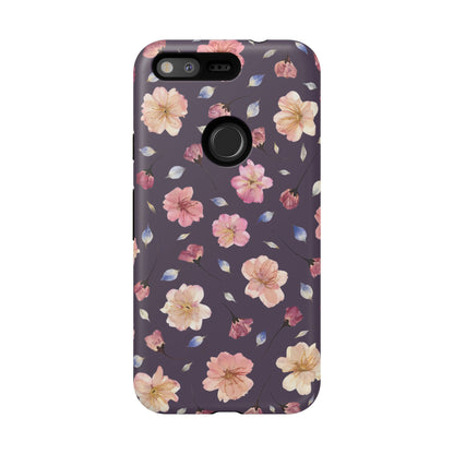 Coque Téléphone Samsung, iPhone & Google Pixel Renforcée Mate – Design Floral Fleurs de Cerisier sur Fond Couleur Prune | Protection Antichoc | Idée Cadeau Femme