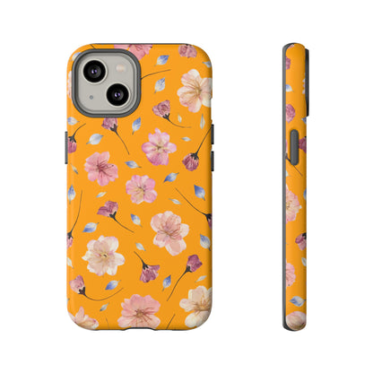 Coque Téléphone Samsung, iPhone & Google Pixel Renforcée Mate – Design Floral Fleurs de Cerisier sur Fond Couleur Curcuma| Protection Antichoc | Idée Cadeau Femme