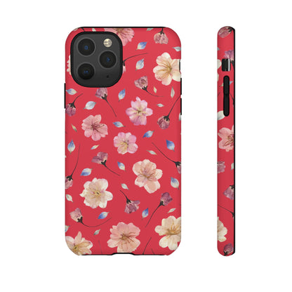 Coque Téléphone Samsung, iPhone & Google Pixel Renforcée Mate – Design Floral Fleurs de Cerisier sur Fond Rouge Féminin | Protection Antichoc | Idée Cadeau Femme