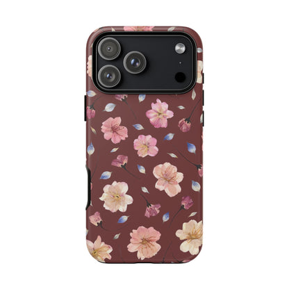 Coque Téléphone Samsung, iPhone & Google Pixel Renforcée Mate – Design Floral Fleurs de Cerisier sur Fond Bordeaux | Protection Antichoc | Idée Cadeau Pour Elle