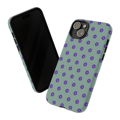 Coque Téléphone Samsung, iPhone & Google Pixel Renforcée Mate – Design Floral Epuré Fleurs de Primevère sur Fond Vert Eucalyptus | Protection Antichoc | Idée Cadeau Anniverssaire