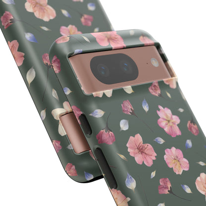 Coque Téléphone Samsung, iPhone & Google Pixel Renforcée Mate – Design Floral Fleurs de Cerisier sur Fond Verte Minéral | Protection Antichoc | Idée Cadeau Femme