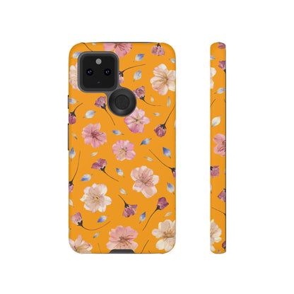Coque Téléphone Samsung, iPhone & Google Pixel Renforcée Mate – Design Floral Fleurs de Cerisier sur Fond Couleur Curcuma| Protection Antichoc | Idée Cadeau Femme