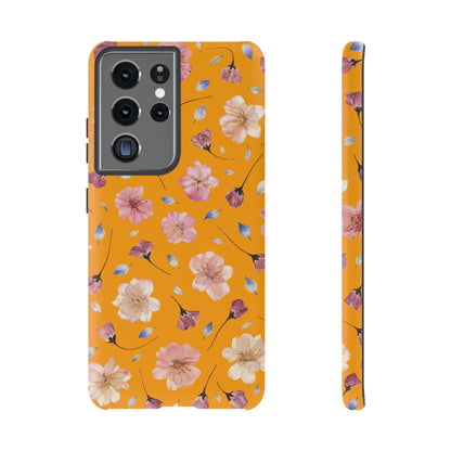 Coque Téléphone Samsung, iPhone & Google Pixel Renforcée Mate – Design Floral Fleurs de Cerisier sur Fond Couleur Curcuma| Protection Antichoc | Idée Cadeau Femme