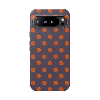 Coque Téléphone Samsung, iPhone & Google Pixel Renforcée Mate – Design Floral Epuré Fleurs de Cosmos Orange sur Fond Couleur Prune | Protection Antichoc | Idée Cadeau Femme