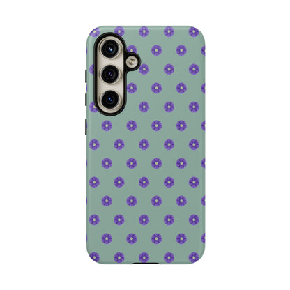 Coque Téléphone Samsung, iPhone & Google Pixel Renforcée Mate – Design Floral Epuré Fleurs de Primevère sur Fond Vert Eucalyptus | Protection Antichoc | Idée Cadeau Anniverssaire