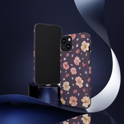 Coque Téléphone Samsung, iPhone & Google Pixel Renforcée Mate – Design Floral Fleurs de Cerisier sur Fond Couleur Prune | Protection Antichoc | Idée Cadeau Femme