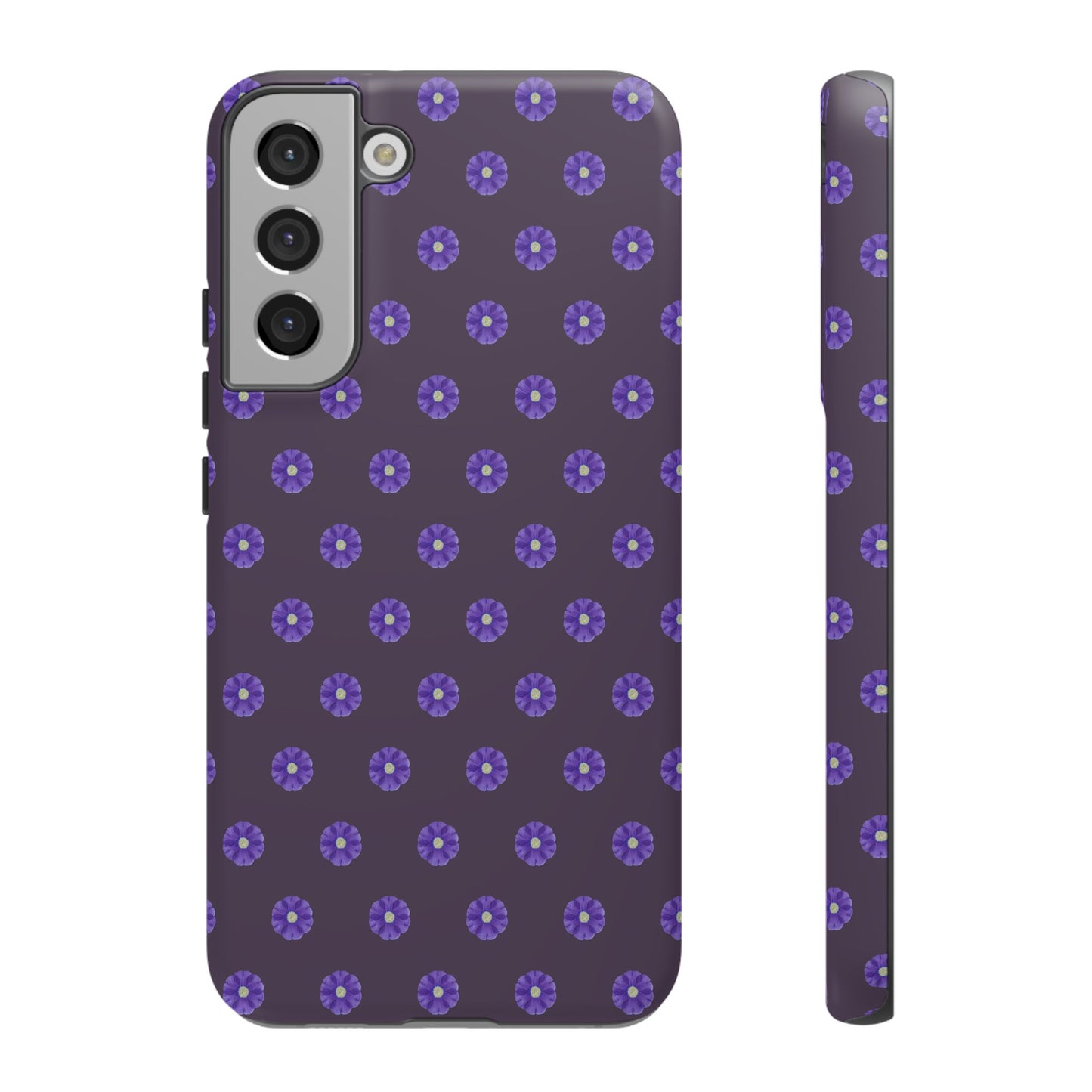 Coque Téléphone Samsung, iPhone & Google Pixel Renforcée Mate – Design Floral Epuré Fleurs de Primevère sur Fond Couleur Prune| Protection Antichoc | Idée Cadeau Femme
