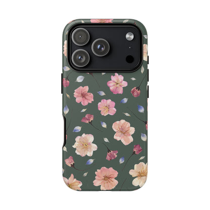 Coque Téléphone Samsung, iPhone & Google Pixel Renforcée Mate – Design Floral Fleurs de Cerisier sur Fond Verte Minéral | Protection Antichoc | Idée Cadeau Femme