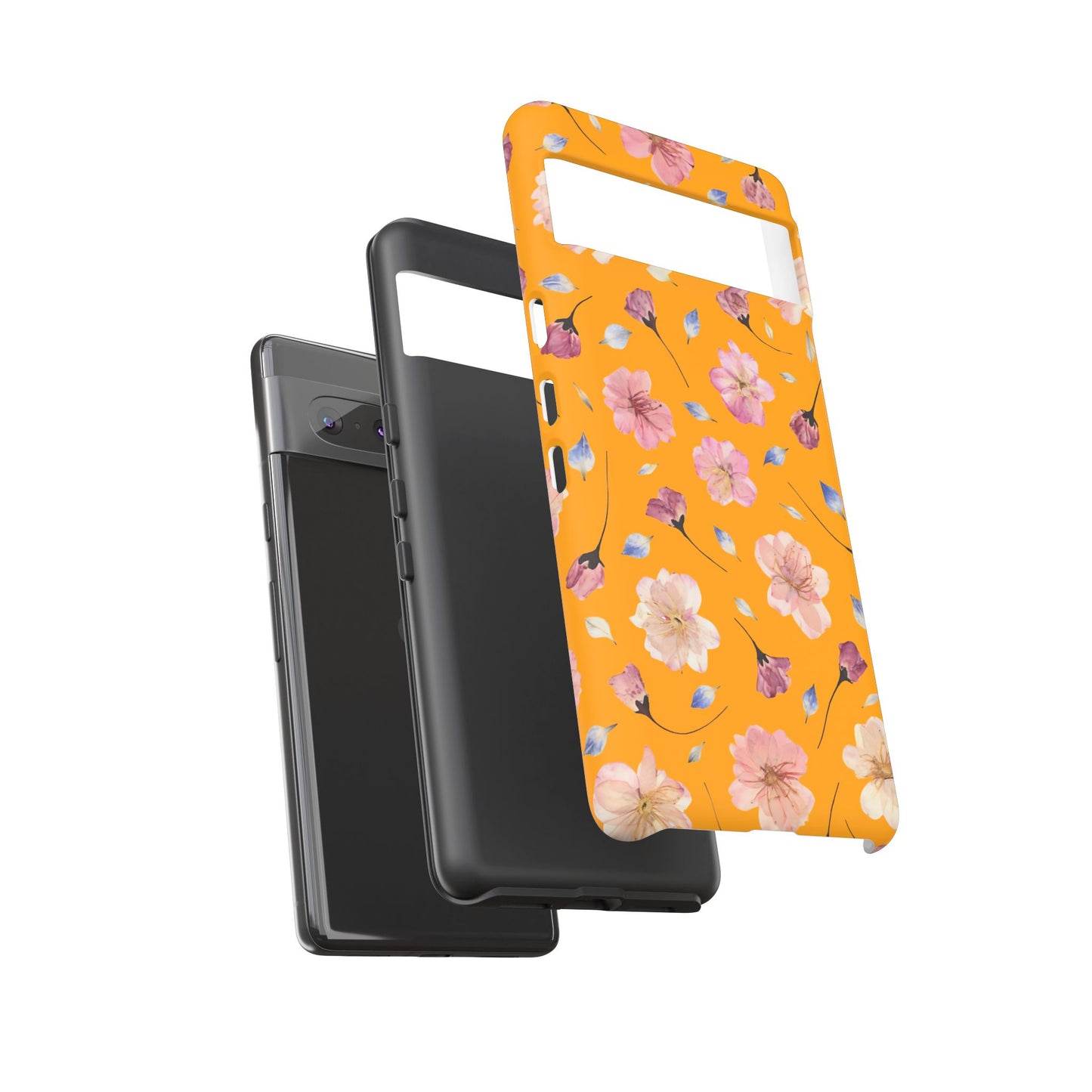 Coque Téléphone Samsung, iPhone & Google Pixel Renforcée Mate – Design Floral Fleurs de Cerisier sur Fond Couleur Curcuma| Protection Antichoc | Idée Cadeau Femme