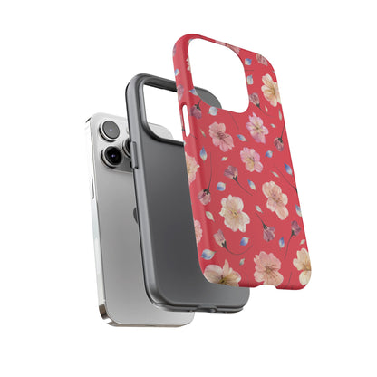 Coque Téléphone Samsung, iPhone & Google Pixel Renforcée Mate – Design Floral Fleurs de Cerisier sur Fond Rouge Féminin | Protection Antichoc | Idée Cadeau Femme