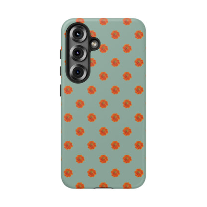 Coque Téléphone Samsung, iPhone & Google Pixel Renforcée Mate – Design Floral Epuré Fleurs de Cosmos Orange sur Fond Vert Eucalyptus | Protection Antichoc | Idée Cadeau Femme