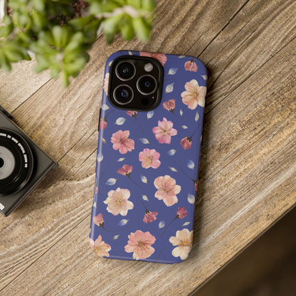 Coque Téléphone Samsung, iPhone & Google Pixel Renforcée Mate – Design Floral Fleurs de Cerisier sur Fond Bleu Encre | Protection Antichoc | Idée Cadeau Pour Elle