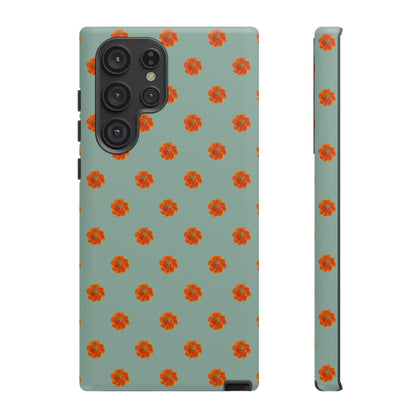 Coque Téléphone Samsung, iPhone & Google Pixel Renforcée Mate – Design Floral Epuré Fleurs de Cosmos Orange sur Fond Vert Eucalyptus | Protection Antichoc | Idée Cadeau Femme