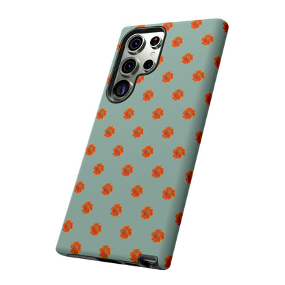 Coque Téléphone Samsung, iPhone & Google Pixel Renforcée Mate – Design Floral Epuré Fleurs de Cosmos Orange sur Fond Vert Eucalyptus | Protection Antichoc | Idée Cadeau Femme