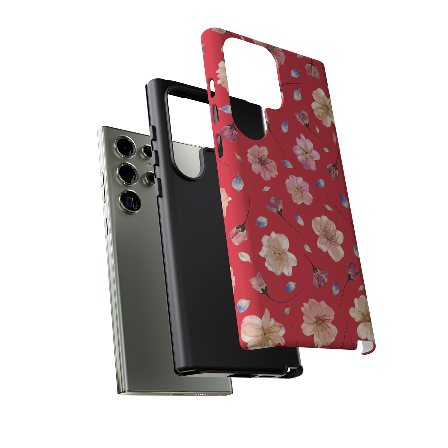 Coque Téléphone Samsung, iPhone & Google Pixel Renforcée Mate – Design Floral Fleurs de Cerisier sur Fond Rouge Féminin | Protection Antichoc | Idée Cadeau Femme