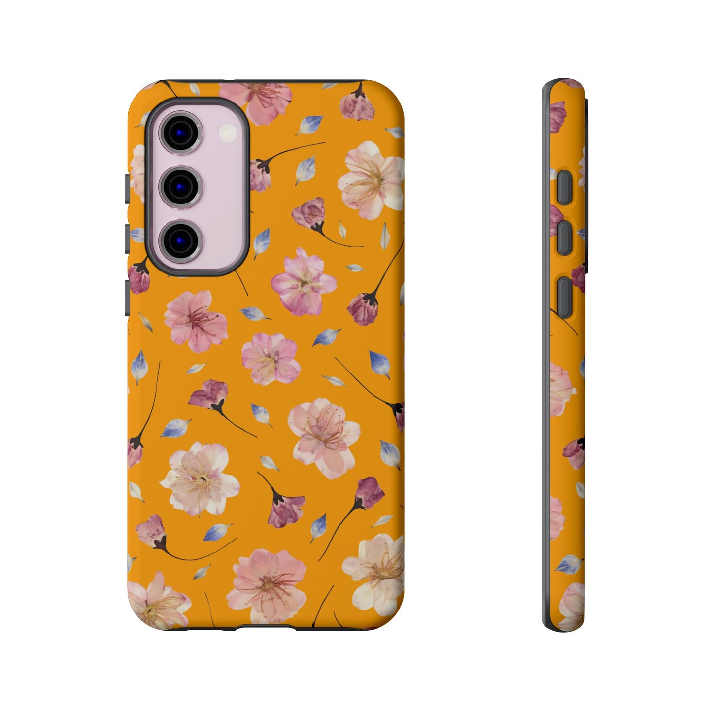 Coque Téléphone Samsung, iPhone & Google Pixel Renforcée Mate – Design Floral Fleurs de Cerisier sur Fond Couleur Curcuma| Protection Antichoc | Idée Cadeau Femme
