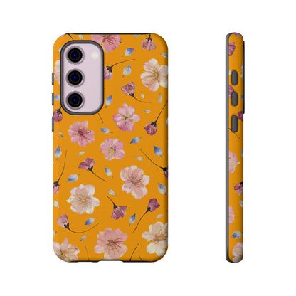 Coque Téléphone Samsung, iPhone & Google Pixel Renforcée Mate – Design Floral Fleurs de Cerisier sur Fond Couleur Curcuma| Protection Antichoc | Idée Cadeau Femme
