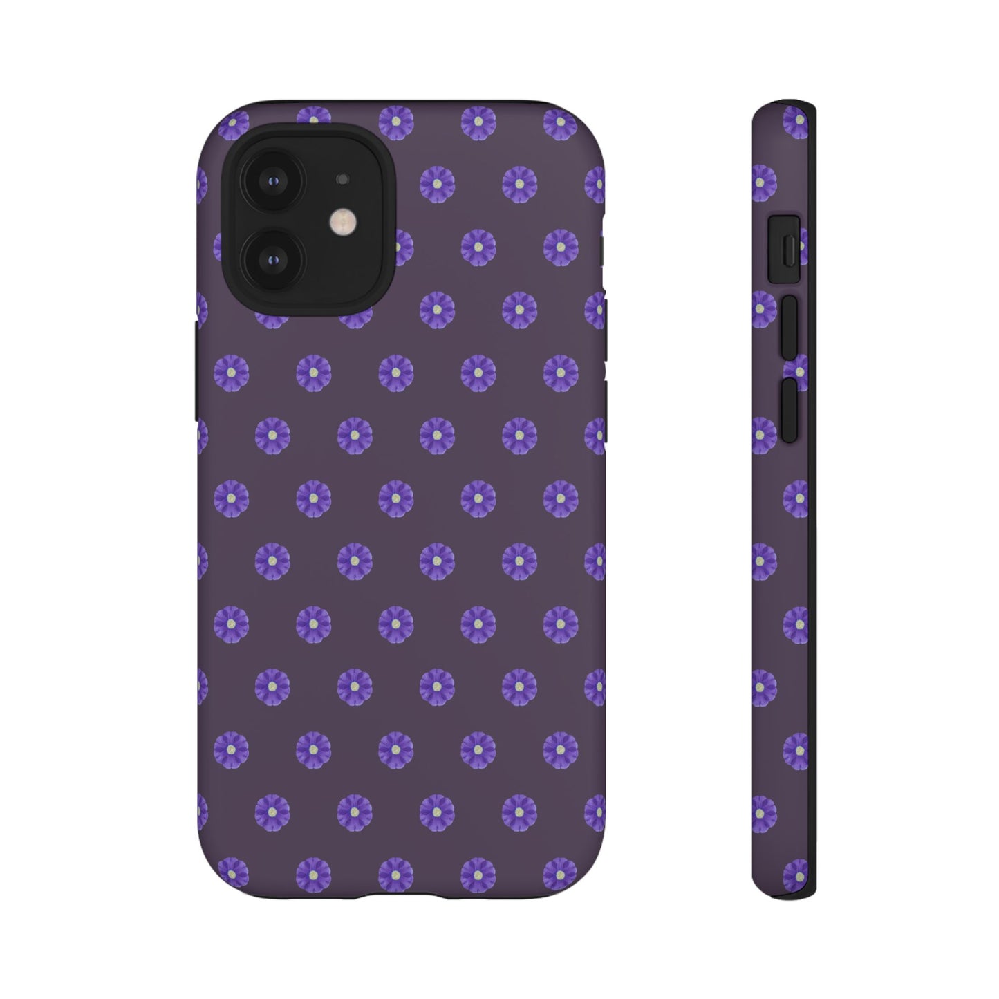 Coque Téléphone Samsung, iPhone & Google Pixel Renforcée Mate – Design Floral Epuré Fleurs de Primevère sur Fond Couleur Prune| Protection Antichoc | Idée Cadeau Femme