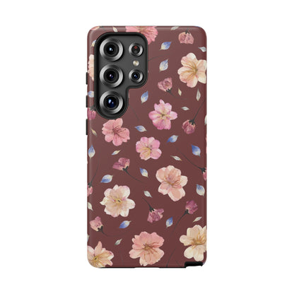 Coque Téléphone Samsung, iPhone & Google Pixel Renforcée Mate – Design Floral Fleurs de Cerisier sur Fond Bordeaux | Protection Antichoc | Idée Cadeau Pour Elle