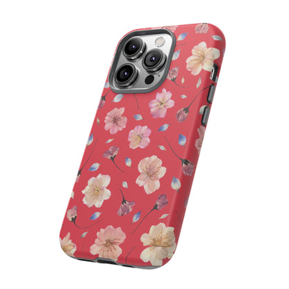 Coque Téléphone Samsung, iPhone & Google Pixel Renforcée Mate – Design Floral Fleurs de Cerisier sur Fond Rouge Féminin | Protection Antichoc | Idée Cadeau Femme