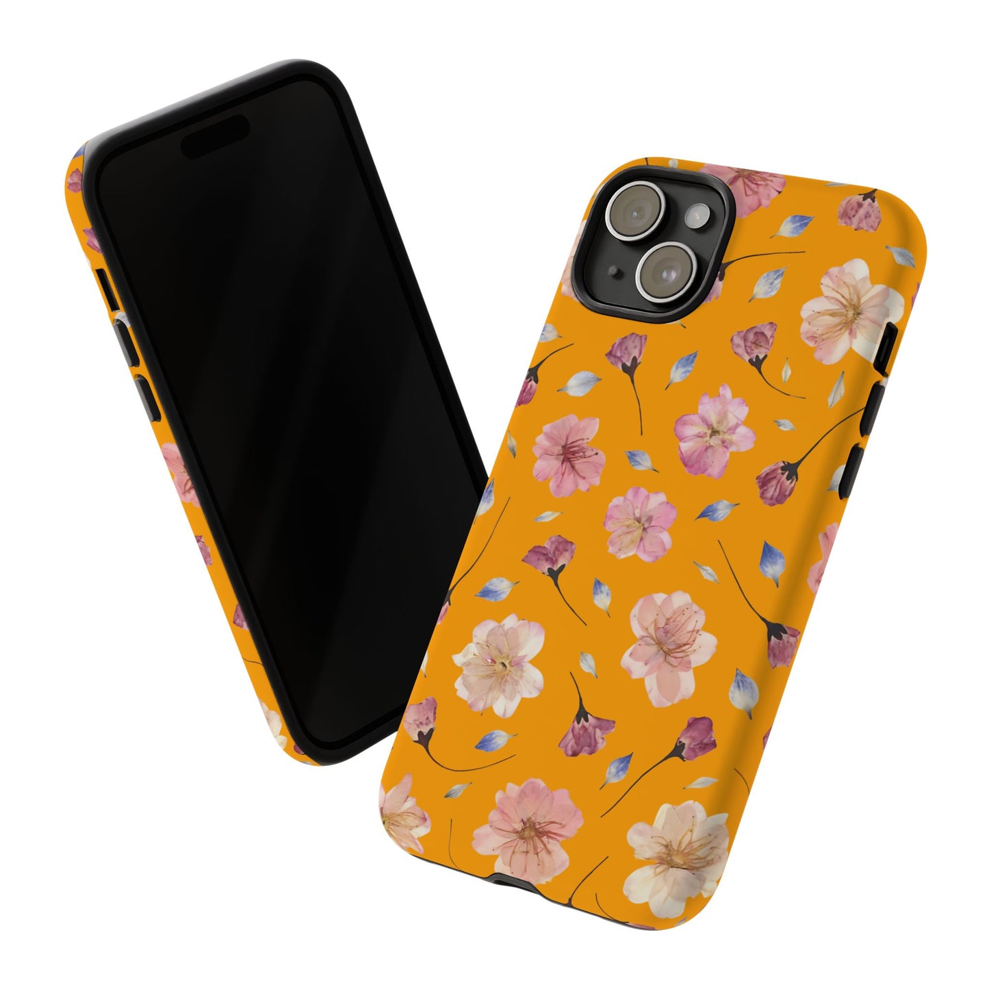 Coque Téléphone Samsung, iPhone & Google Pixel Renforcée Mate – Design Floral Fleurs de Cerisier sur Fond Couleur Curcuma| Protection Antichoc | Idée Cadeau Femme