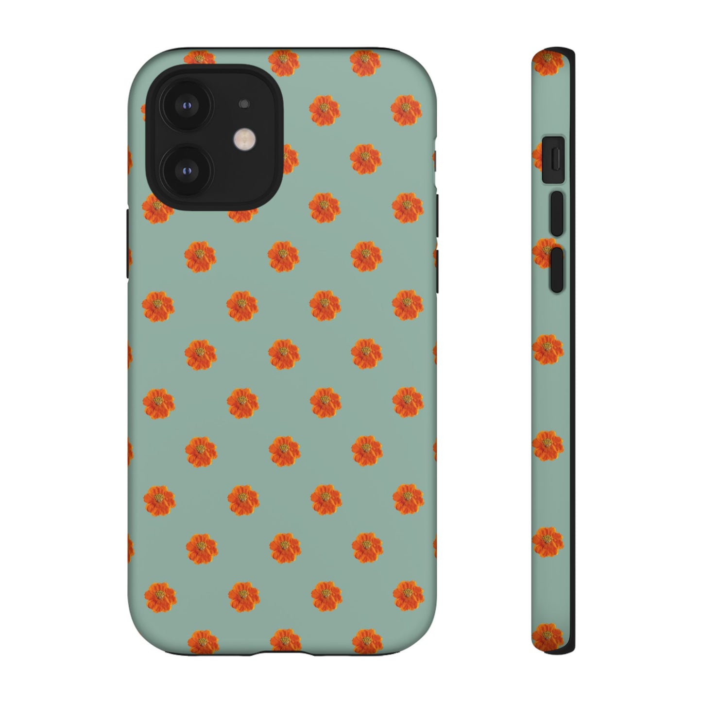 Coque Téléphone Samsung, iPhone & Google Pixel Renforcée Mate – Design Floral Epuré Fleurs de Cosmos Orange sur Fond Vert Eucalyptus | Protection Antichoc | Idée Cadeau Femme