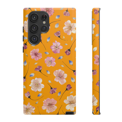 Coque Téléphone Samsung, iPhone & Google Pixel Renforcée Mate – Design Floral Fleurs de Cerisier sur Fond Couleur Curcuma| Protection Antichoc | Idée Cadeau Femme